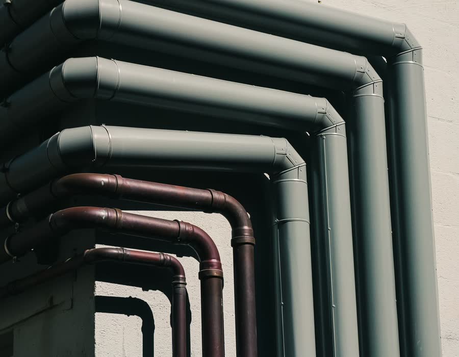 A run of grey and copper gas and water pipe